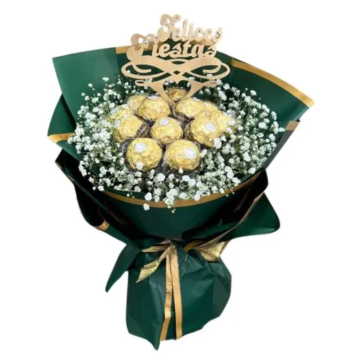 Ramo de flores con rocher felices fiestas